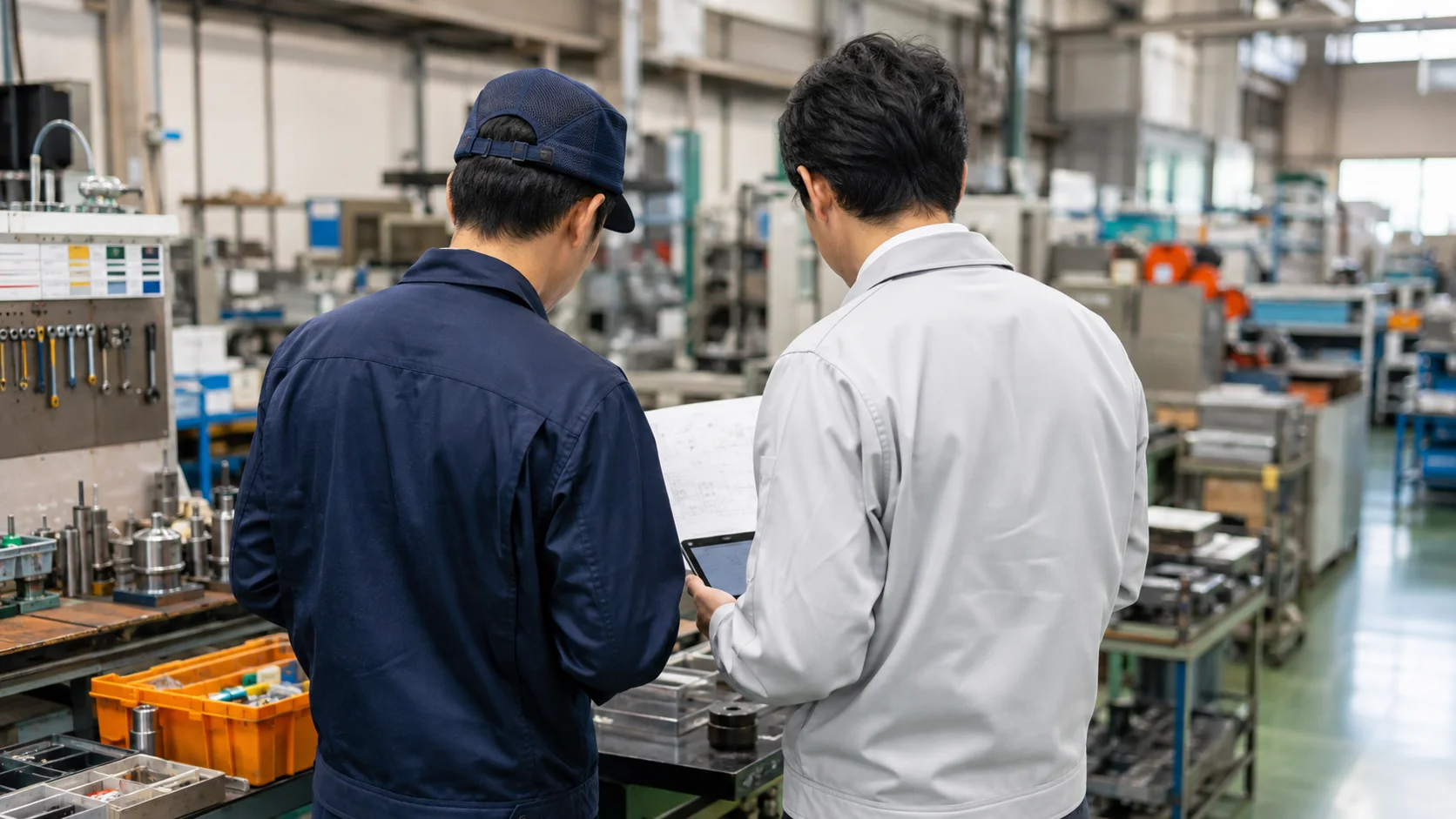 製造現場でタブレットと業務資料を確認する担当者の後ろ姿