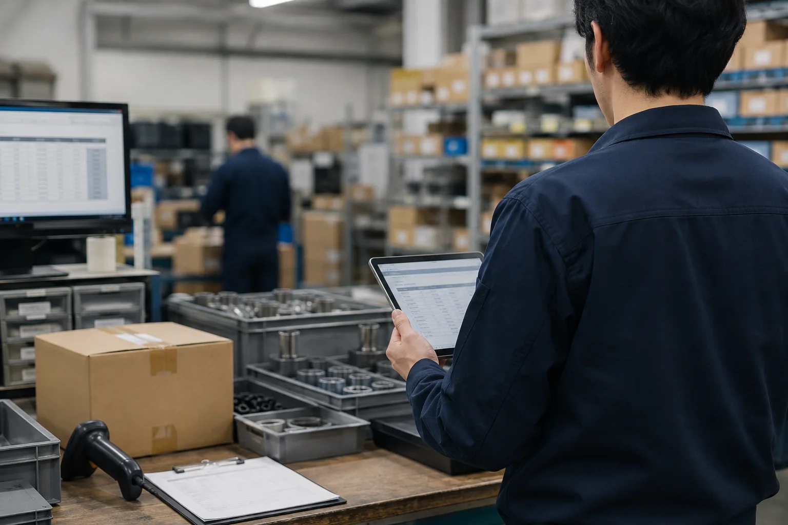部品倉庫の出荷作業台でタブレットと在庫を確認する業務担当者